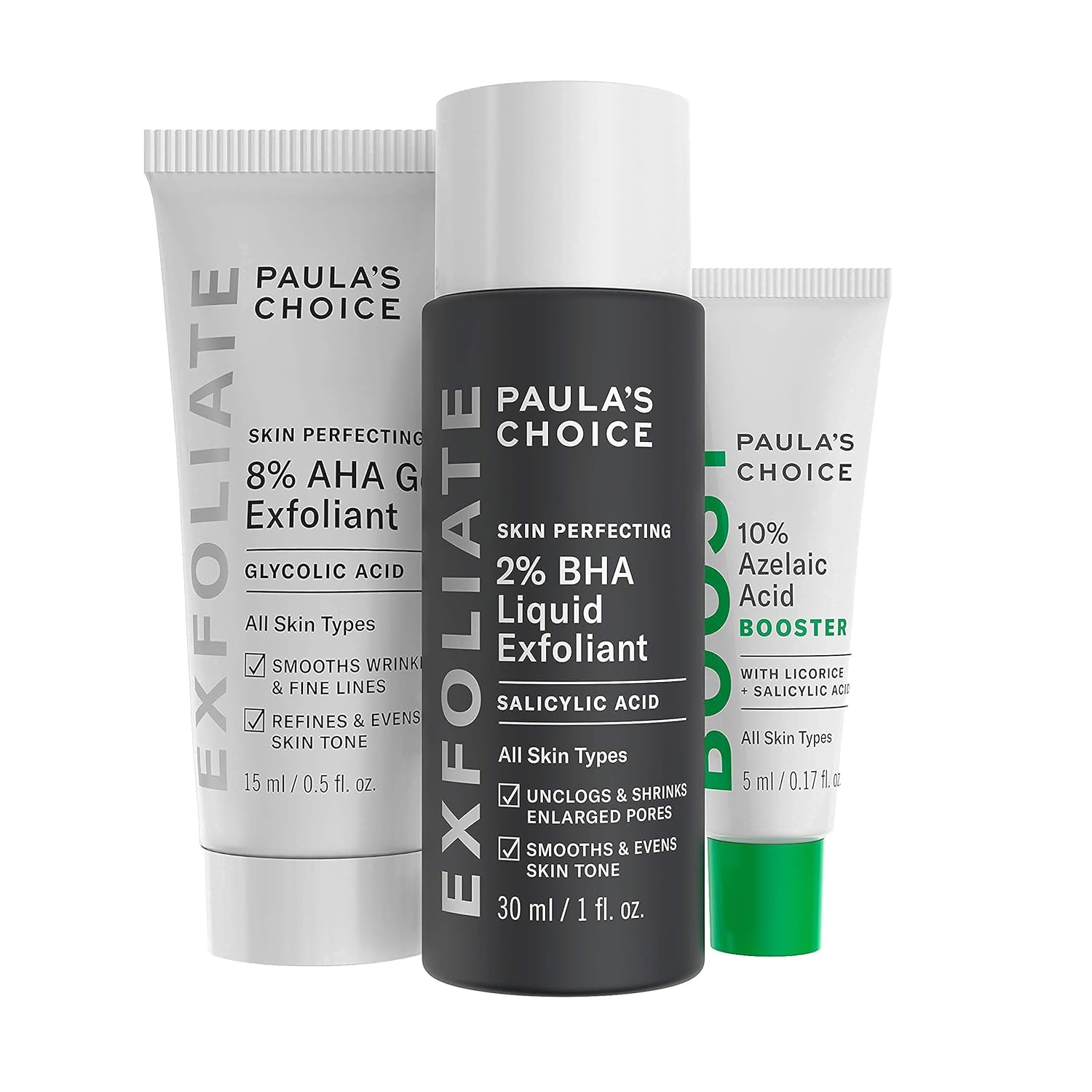 Paula’s Choice 2% BHA Liquid & 8% AHA Gel Facial Exfoliants with Salicylic & Glycolic Acid, 10% Azelaic Acid for Large Pores, Wrinkles & Uneven Tone, Fragrance-Free & Paraben-Free, 3-Piece Travel Kit