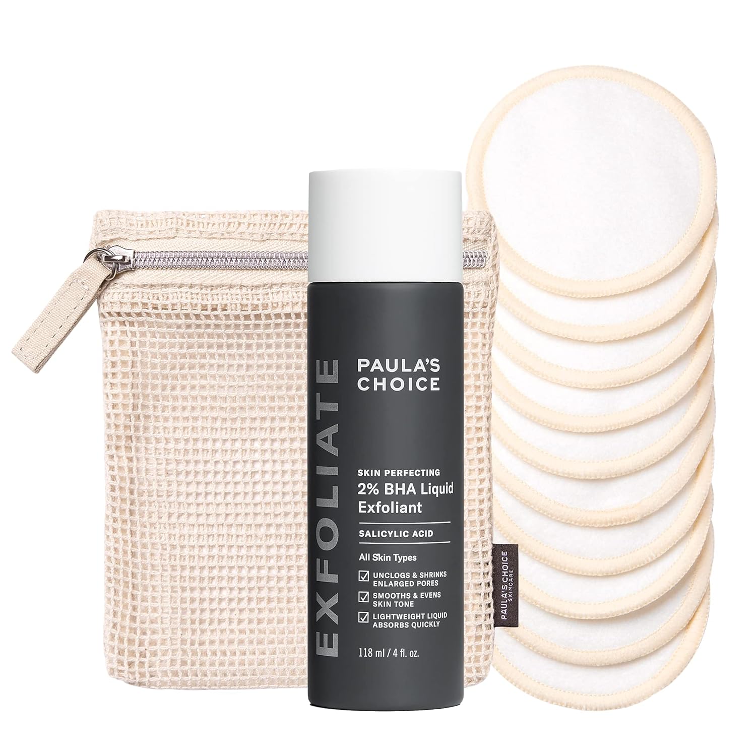 Paula’s Choice SKIN PERFECTING 2% BHA Salicylic Acid Liquid Exfoliant & Reusable Cotton/Bamboo Pads Duo, for Toner, Exfoliants & Makeup Remover, Eco-Friendly, Fragrance-Free & Paraben-Free, Set of 2